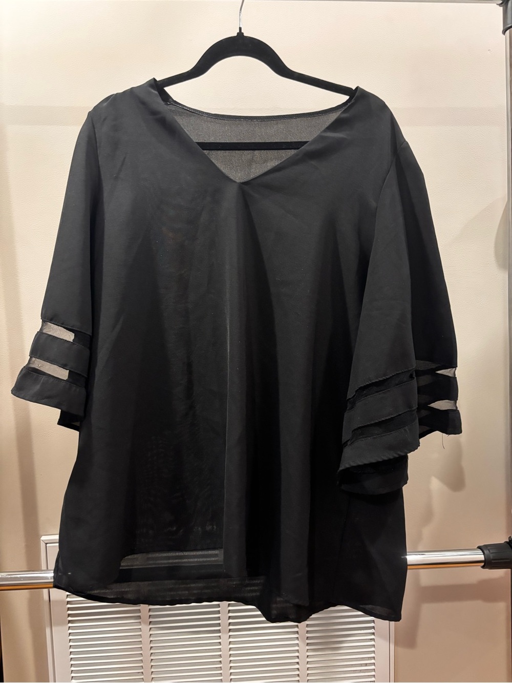 SHEIN Black V-Neck Sheer Sleeve Blouse